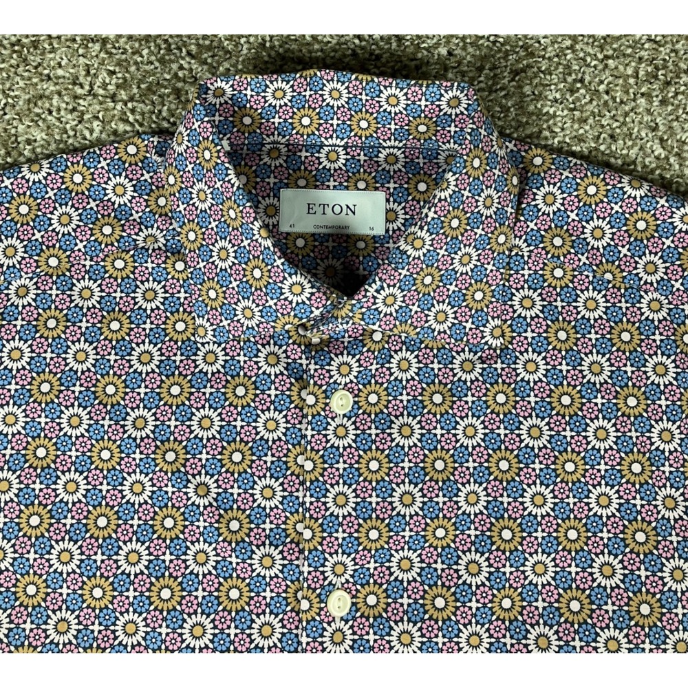 Eton Contemporary Fit Mosaic Floral Geometric Cotton Button Shirt Mens 16 41